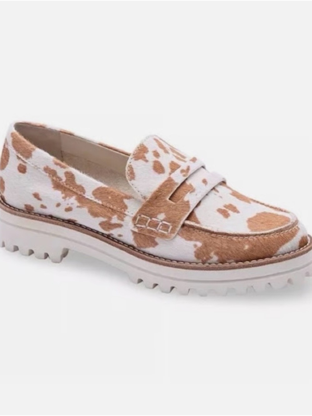 Dolce Vita Aubree Tailored Lug-Sole Cow Print Loafers Sz 7.5 white/tan loafer